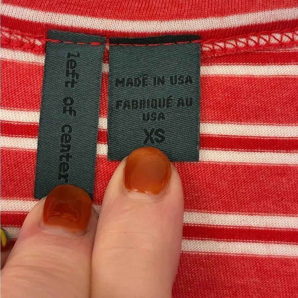 ANTHROPOLOGIE LEFT OF CENTER Tie Cuff Tee Red White Stripe Motif Women’s Size XS